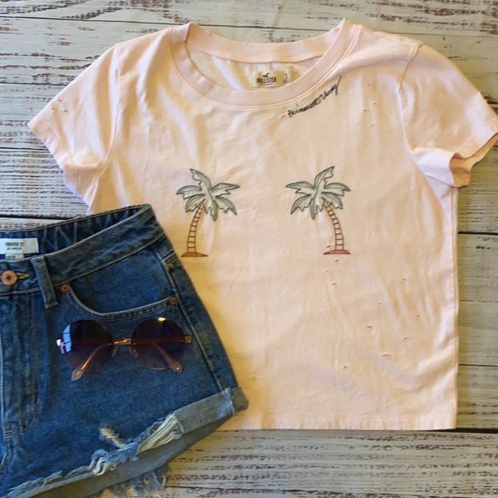 Hollister Distressed Palm Tree Cropped Tee